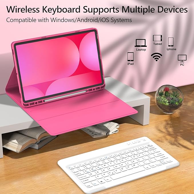 Galaxy Tab S9 FE+/ S9+ /S10+ 12.4 Inch Case with Keyboard, Detachable Bluetooth Keyboard with Pen Holder for Samsung Tab S10+ Plus/S9+ Plus/S9 FE+ Plus 5G 12.4", Pink