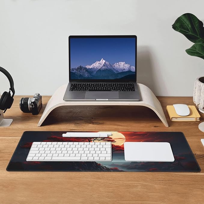 Darkness Red Moon Desk Mat Japanese Mouse Pad, Large Japanese Desk Mat, XL Anime Gaming Keyboard Mat, Non-Slip Rubber Base, Big Extended Desk Protector for Home Office, 31.5”x11.8”