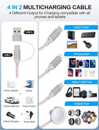 4-in-2 Charging Cable for Apple Watch Charger/Samsung/iPhone Charger,Car/Office/Camping/Travel Essentials,Type C Cable Multi Cord for iWatch Ultra/10-2/iPhone 16-11/Samsung S25-S20,iPad,airPods-Pink