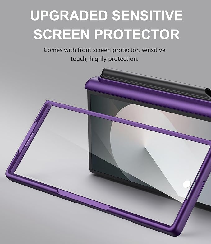 for Samsung Galaxy Z Fold 6 Case with S Pen Holder & Card Holder & Screen Protector, Built-in Hinge Protection & Sliding Camera Lens Cover, Durable Wallet Phone Case for Z Fold 6, Dark Purple