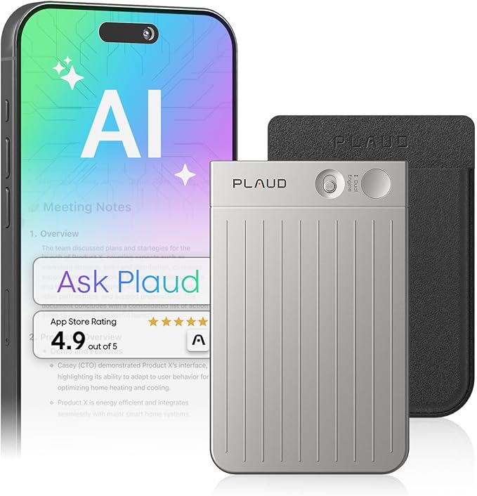 Plaud Note AI Voice Recorder, Voice Recorder w/Case, App Control, Transcribe & Summarize with AI Technology, Support 112 Languages, 64GB Memory, Audio Recorder for Lectures, Meetings, Calls, Silver