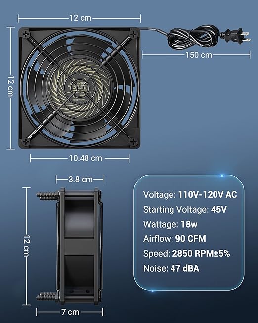 DEWENWILS 2 Pack 120V AC Fan, Waterproof Exhaust Fan 120mm, 18W 2850RPM 90CFM, DIY Cooling Fan for Refrigerator, Computer Case, Compressor Engine, Generator, UL Listed