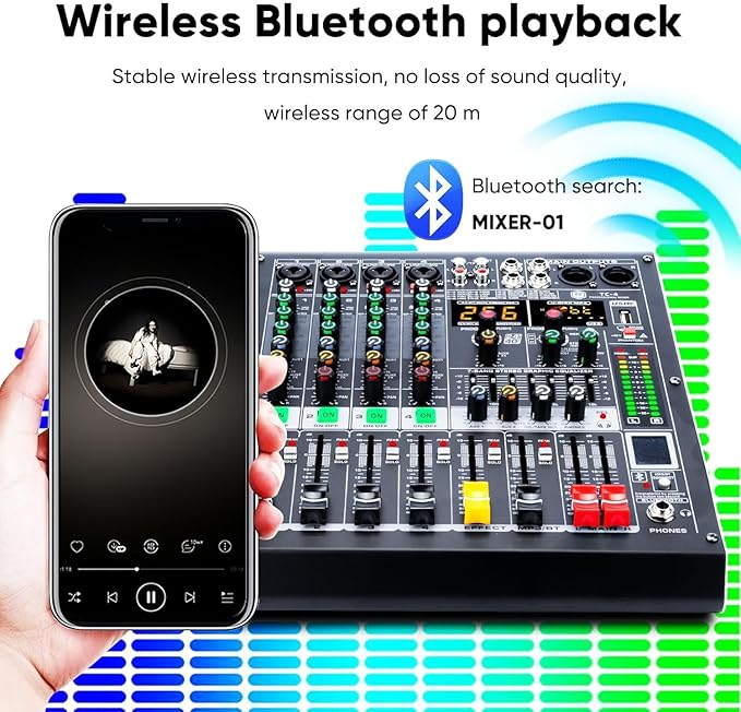W IN-MIX 4 Channel Professional Audio Mixer with MP3 Player and Bluetooth U disk 48V Phantom Power Source USB recording for Studio Recording, Live Performances