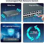 YuanLey 16 Port PoE Switch with 2 Gigabit Uplink, 16 PoE+ Port 10/100Mbps Network Switch, 802.3af/at Compliant, Durable Metal with 250W High Power, Unmanaged Plug and Play