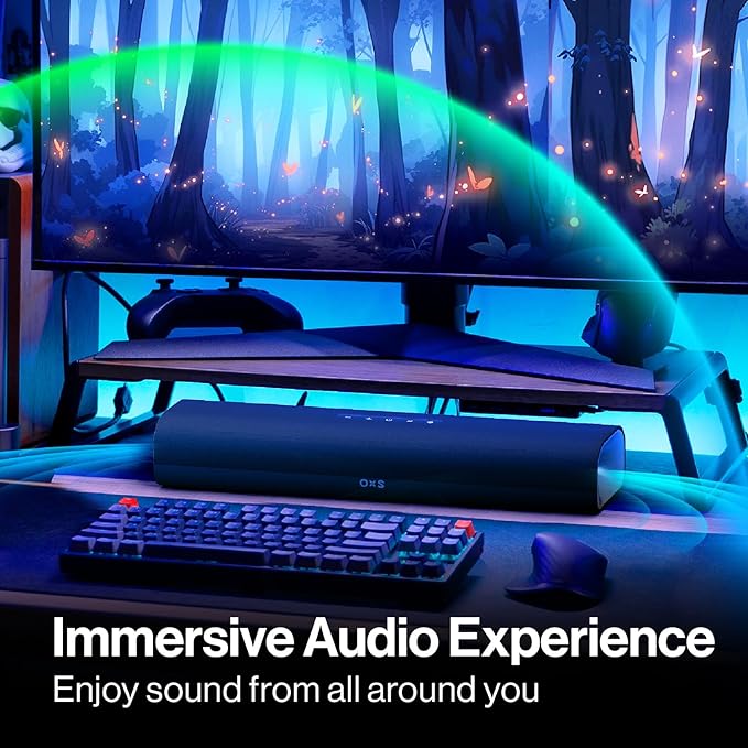 OXS Thunder Lite PC Gaming Soundbar, Sound Bars for TV with Virtual Surround Sound, 2 Full-Range Drivers, Bass Tube, Compact Design, HDMI/AUX/Optical Compatible, Bluetooth 5.0 Wireless Connection