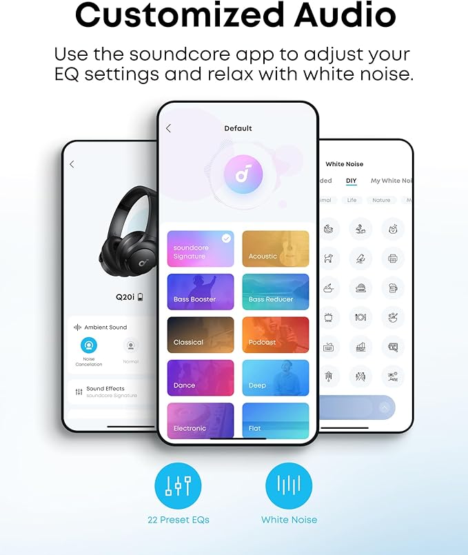 Soundcore by Anker Q20i Hybrid Active Noise Cancelling Headphones, Wireless Over-Ear Bluetooth, 40H Long ANC Playtime, Hi-Res Audio, Big Bass, Customize via an App, Transparency Mode (White)