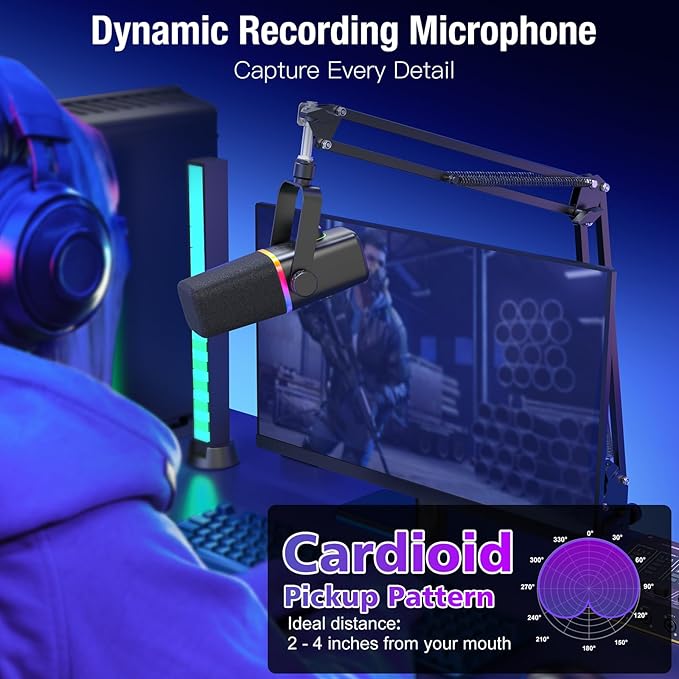 ZealSound XLR/USB Dynamic Microphone for Gaming Podcast,Mic for iPhone Phone PC Computer Gaming Streaming Microphone with RGB Light,Mute Button,Mic Gain,Headphones Jack,Boom Arm Stand,Singing YouTube