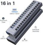Powered USB 3.1 Hub, ACASIS 16 Ports USB 3.1 Hub with 10Gbps Data Speed，Aluminum Housing, USB Hub Powered with 96W Power Adapter, USB Hub for PC/Laptop, Computer, Flash Drive, Printer, Camera