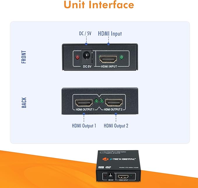 4K@60 HDMI Splitter 1 in 2 out 1X2 Powered Splitter for Dual Monitors by J-Tech Digital [JTD-MINI-1X2SP]
