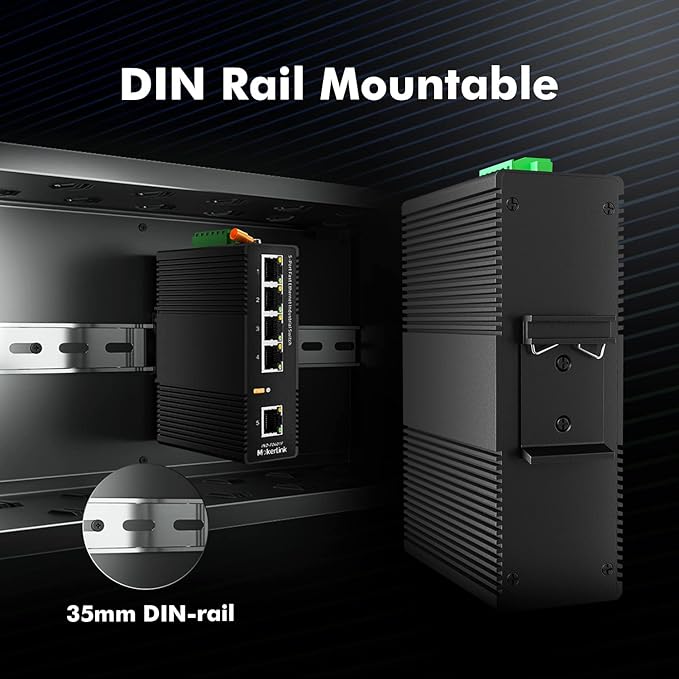 MokerLink 5 Port Industrial DIN-Rail Network Switch, 10/100Mbps Fast Ethernet, IP40 Rated Network Switch (-40 to 185°F), with UL Power Supply