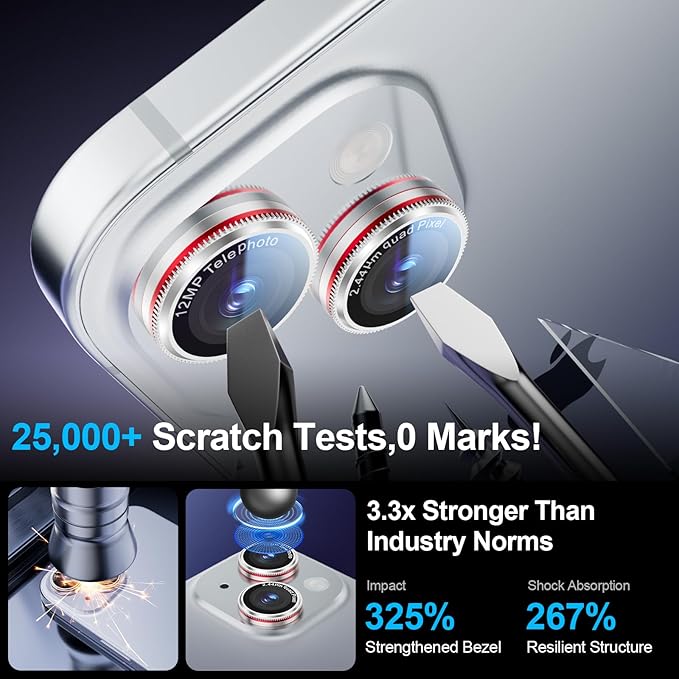 X-it 2 Pack Camera Lens Protector, Shatterproof Anti-Scratch Ultra HD Mechanical Gear Camera Protector, Anti-Glare Tempered Glass Lens Protector for iPhone 15/15 Plus/14/14Plus,Case Friendly,SilverRed