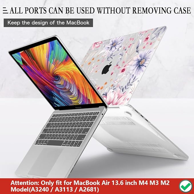 CISSOOK Flower Case for MacBook Air 13.6 Inch M4 M3 M2 Chip Model A3240 A3113 A2681, Plastic Shell Cover with Keyboard Cover Screen Protector for MacBook Air 13 2022-2025, Flowers Watercolor