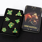 Metal DND Dice Set with Box, Debris RPG Green Golden D and D Dice for use with D&D Tabletop Games Role Playing Game Polyhedral Dice Set D20 D12 D10 D8 D6 D4