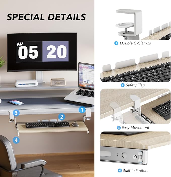 AX WABER Keyboard Tray Under Desk Pull Out with Extra Sturdy C Clamp Mount System, 27.3 (32.5 inch Including Clamps) x 11 Inch Slide-Out Platform Computer Drawer for Typing Grain AX01WG01