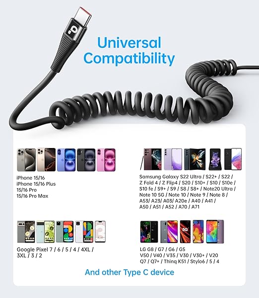 Coiled USB C to C Cable 100W 3FT for Car, Coiled USB C Cable for iPhone 16, Short USB Type C Fast Charging Cable for iPhone 15/Pro Max/Plus/Samsung Galaxy S23, Compatible All Type C Devices -Black
