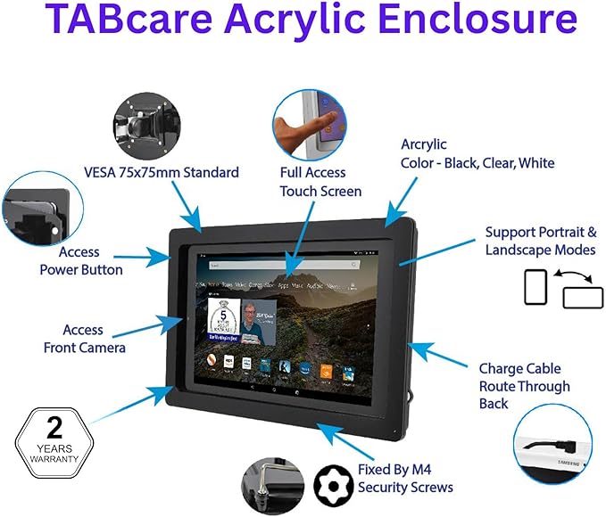 TABcare Anti-Theft Acrylic VESA Enclosure for Galaxy TAB A 8" 2019 Tablet with Free Wall Mount Kit & 90-Degree Angle Micro USB Charge Cable (TAB A 8.0 2019 SM-T290, Black)
