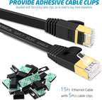Cat 7 Flat Ethernet Cable 15ft Black, High Speed 10GB Shielded (STP) LAN Internet Network Cable Ethernet Patch Computer Cable with Rj45 Connectors and 5pcs Adhesive Cable Clips