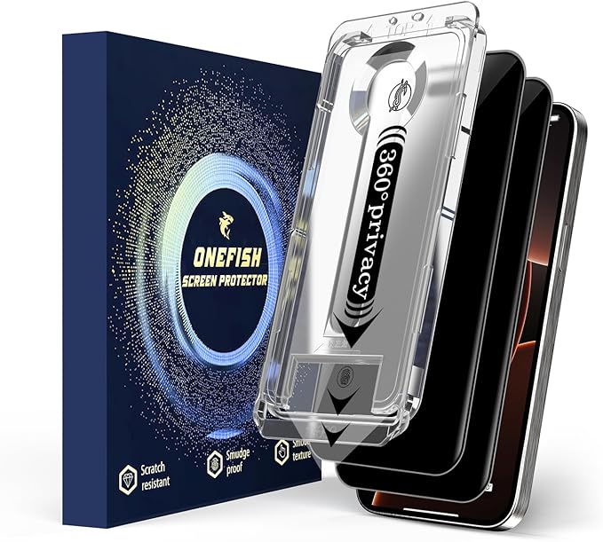 OneFish 2 Pack Privacy Screen Protector for iPhone 16 Pro Max - 4-Way 360° Anti-Spy, 9H Hardness, 3D Curved Edges, Case-Friendly & Easy Installation