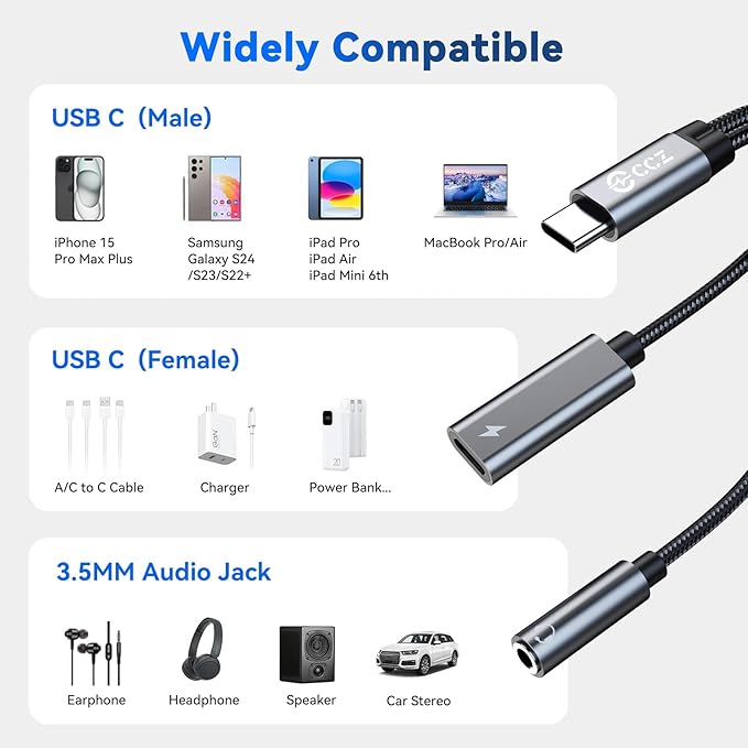 USB C Splitter for KZ ZS10 PRO, CCZ CA01 USB C to 3.5mm Audio Headphone and Charger Adapter, Type C Headphone Splitter 1 in 2 Out, IEM Cable DAC Dongle for Samsung Galaxy S25/S24/S23/S22 (USBC-3.5MM)