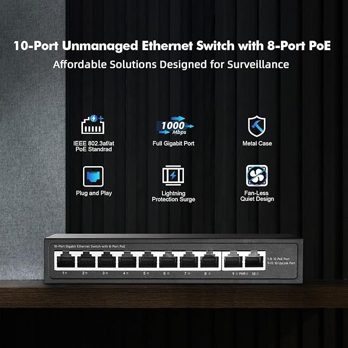 YuLinca 10 Port Mini Gigabit PoE Switch with 8 PoE+ Port, 2 Gigabit RJ45 Uplink, 10/100/1000Mbps, IEEE802.3af/at, Max 120W, Metal Fanless Plug & Play Ethernet Switch