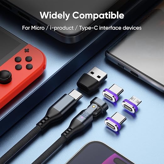 240W Magnetic Charging Cable ，180°Rotating USBC to USB C Magnetic Data Cable ，Micro USB Magnetic Phone Fast Charger Cable Data Transfer for Laptop/Tablet/Smart Phone (6ft)