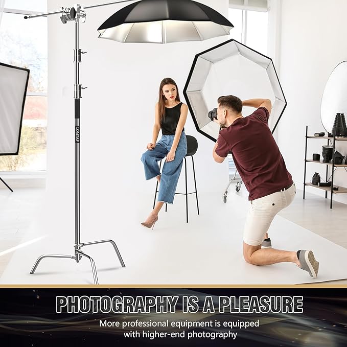 LOMTAP C Stand Light Stand Stainless Metal Photography Kit - Heavy Duty 6.8ft/210cm Vertical Pole, 2.8ft/87cm Boom Arm, Adjustable Base, Water Sandbag, 2 Grip Heads, 3 Clips for Softbox, Reflector