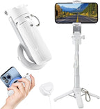 MQOUNY for Magsafe Tripod Stand for iPhone,Portable Pocket Size Selfie Stick with Rechargeable Remote and Metal Ring,Extendable Detachable Cell Phone Tripod Compatible with iPhone/Android (White)
