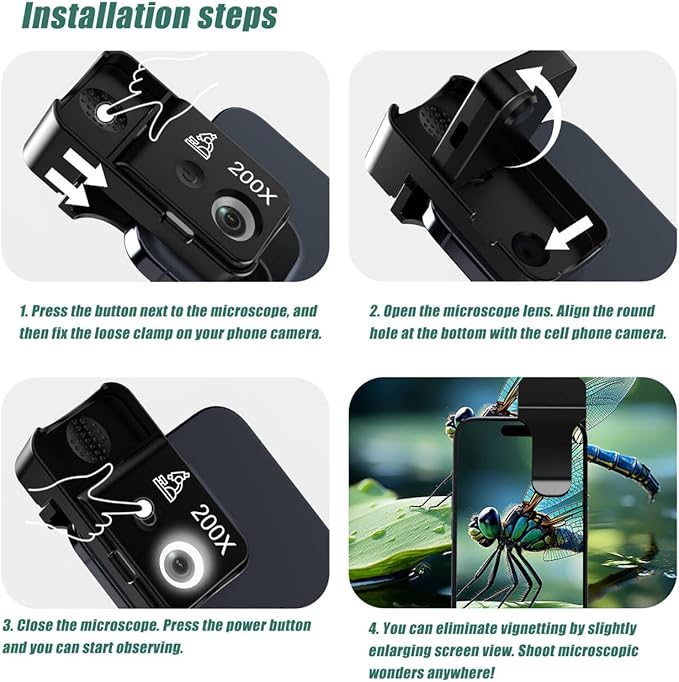 Phone Microscope 200X Pocket Magnifier Camera with CPL Lens/Lights, Zoom Universal Portable Phone Microscope with Clip for 99% Phone, Perfect for Coin/Stamp/Plant Inspection