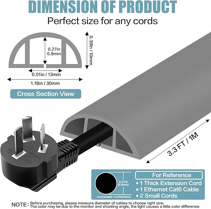 Floor Cord Cover Self Adhesive Cord Hider,3.3FT Cable Management, Extension Strip Protector for Wires, Prevent Cable Trips for Offices, Gyms, Exhibitions Cavity:0.39"(W) x 0.27"(H) Gray