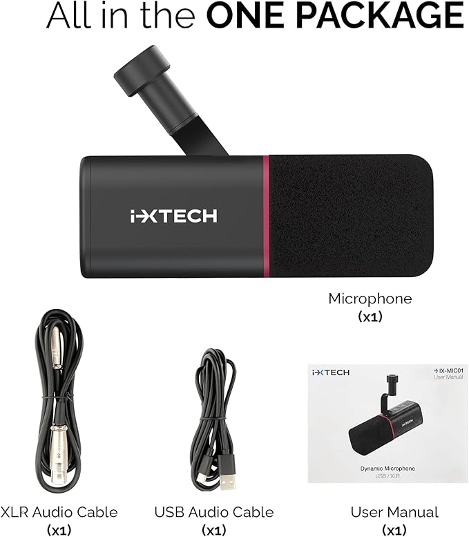 IXTECH Cardioid Dynamic Microphone with Mic Cover, Vocal USB XLR Microphone for Podcasting, Streaming, Recording, Gaming and Voice-Over (Black)