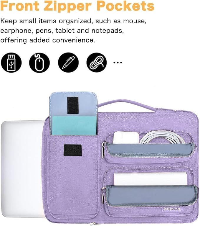 MOSISO 360 Protective Laptop Case 13.3 inch, 13-13.3 inch Laptop Sleeve Compatible with MacBook Air/Pro 13 / Pro 14, HP Dell ASUS Lenovo, Side Open Bag with 2 Raised&1 Flapover Pockets, Purple