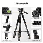 K&F Concept Camera Tripod, 75" Lightweight Portable Travel Outdoor DSLR Tripods for Camera Phone Video Recording Tripod Stand, Cellphone Clip for Smartphone Live Streaming Vlog, Black