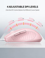 TECKNET Wired Mouse, 6-Button Corded with 4 Adjustable DPI, Optical Ergonomic Design, 5FT Cord for Laptop, Chromebook, PC, Desktop, Mac, Notebook - Pink