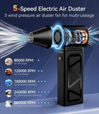 Compressed Air Duster, 360000 RPM Electric Air Duster, Rechargeable Cordless Air Blower Power Turbo Fan,5 Gears Adjustable Jet Dry Blower Replace Air Can for Keyboard Computer Car Outdoor Home