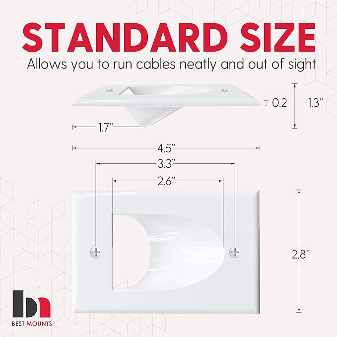 BestMounts - 1 Pack In Wall Cable Management Kit - Recessed Wall Plate Cable Pass Through Pair with Single Gang Low Voltage Mounting Bracket - TV Cord Hider for Wall Mounted TV ETL Listed