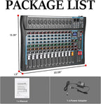 12 Channel Audio Interfacer Sound Board Mixer DJ Mixer 16-Bit DSP Effect USB Audio Mixer +48V Phantom Power Bluetooth Mixer for Karaoke Studio Streaming Recording,Live Streaming