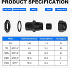 Joinfworld 72pcs Cable Glands Kit Waterproof Strain Relief Cord Connector Grip Weatherproof Cable Pass Through PG7 1/4" 1/2" 3/4" 1" NPT Wire Grommet