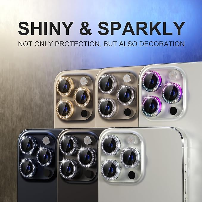 Choiche Compatible for iPhone 15 Pro/iPhone 15 Pro Max Camera Lens Protector Bling, 9H Tempered Glass Camera Cover Screen Protector Metal Ring Decoration Accessories (Diamond-Gold)