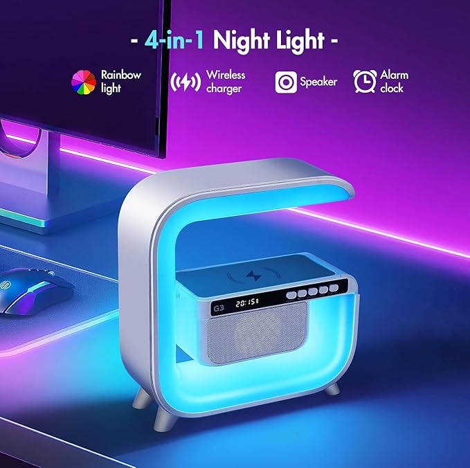 Table Lamp with Hi-Fi Bluetooth Speaker, Bedside LED Lamp with Up to 15W Qi Wireless Charger, Color Changing Mood Lamp with Alarm Clock, Desk Lamp for Bedroom, Nightstand, Home Decor, Gift - g3