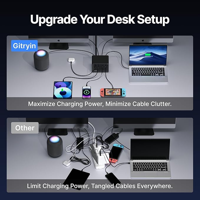 Gitryin 12-in-1 Desktop Charging Station with 4 Retractable Type-C Wall Chargers, 40W USB-C Power Strip with Flat Plug, Extension Cord with 1020J Surge Protection for Home Office