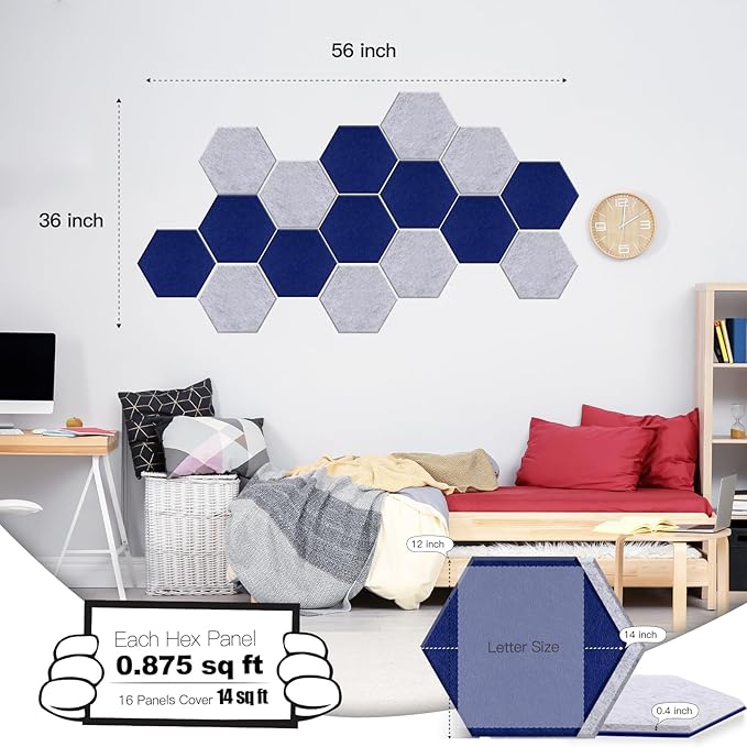 Mollywell Hexagon Acoustic Panels, High Density, Soundproofing, Decorative Noise Reduction Felt Wall Tiles for Ceilings, Home Office & Gaming Room (Navy Blue and Silver Grey), 14x12x0.4 Inch
