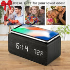 OCT17 Alarm Clock with Qi Wireless Charging Pad Compatible with iPhone Samsung Wood LED Digital Clock Sound Control Function, Time Date, Temperature Display for Bedroom Office Home - Black