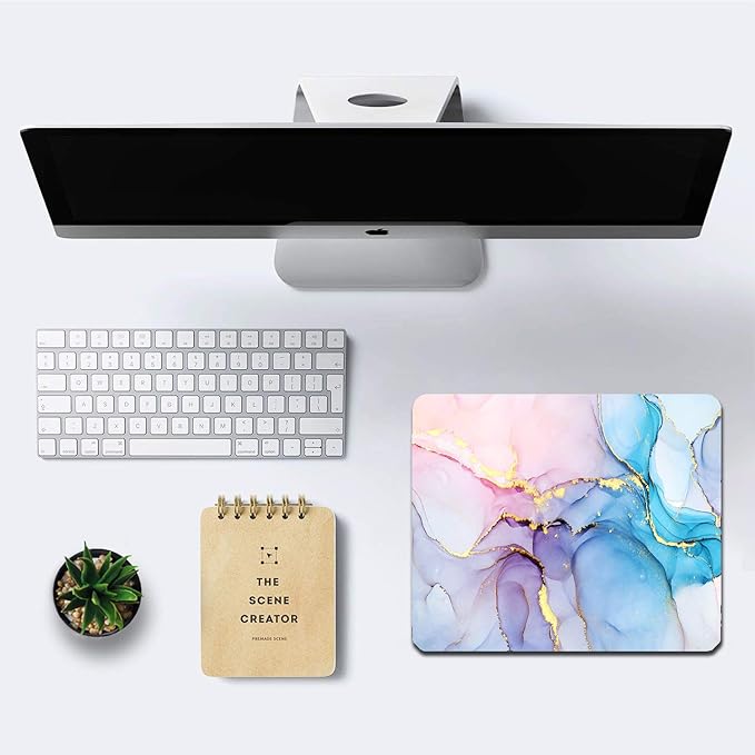 IMAYONDIA Blue Pink Ink Marble Mouse Mat, Custom Design Non-Slip Rubber Base Waterproof Office Mouse Pad, Golden Marbling for Women, 9.5 x 7.9 Inch