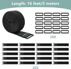 1.5In x 16Ft Cinch Straps Heavy Duty With 20 Buckles, Black Nylon Hook and Loop Straps, Reusable Long Cable Ties for Organizer or Storage