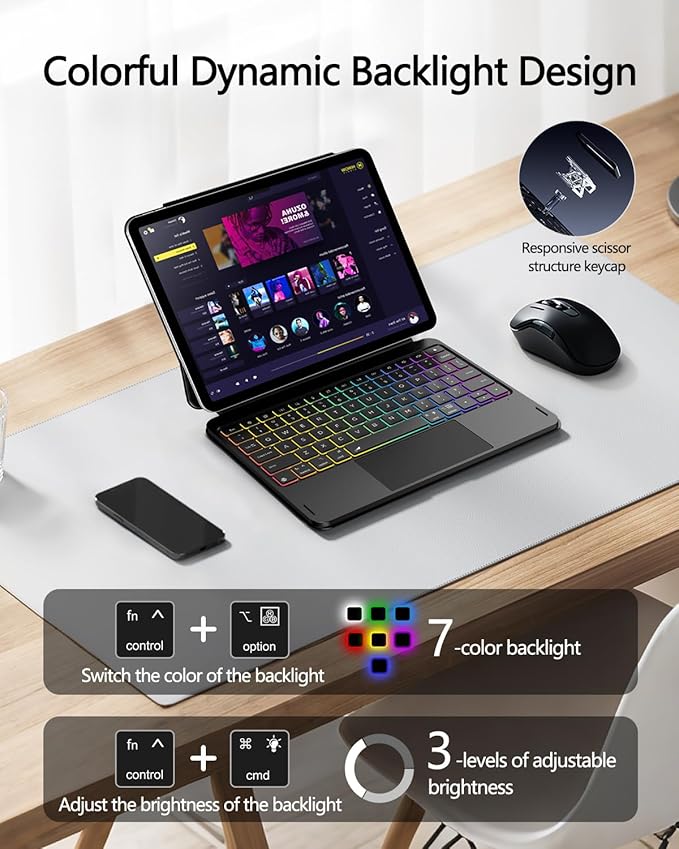 ORDA iPad Pro 11 Inch Case with Keyboard (M4/2024) iPad Pro Magic Keyboard with 7 Colors Backlight,Easy-Set Magnetic Stand,Precise Multi-Gesture Trackpad,Shortcut Keys,Ultra-Slim,On-The-Go Protection