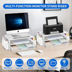 AUPSEN White Monitor Stand Riser, 2-Tier Wood Computer Desk Organizer with Drawer, Pen Storage & Phone Holder, Office Desk Accessories Desktop Organizer for Office Supplies