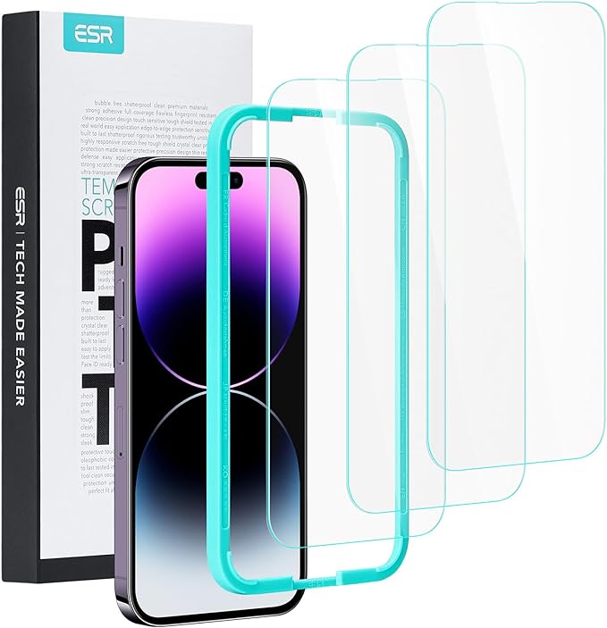 ESR 3 Pack for iPhone 14 Pro Screen Protector, [9H Hardness] [Military Grade Shatterproof] Tempered Glass Film with Easy Installation Tool, HD Clear, Scratch Resistant