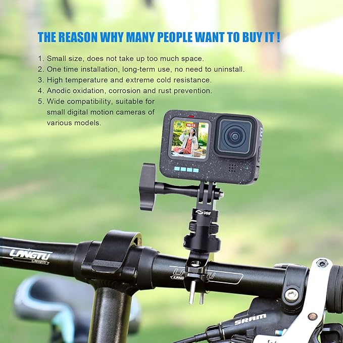 Bike Handlebar Mount for GoPro, 360 Degree Aluminium Alloy Motorbikes Round Tube Mount for Hero 13/12/11/10/9/8 and Other Action Cameras