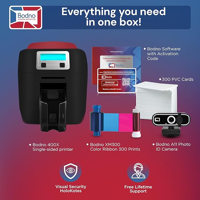 Bodno Magicard 400X Single Sided ID Card Printer & Complete Supplies Package ID Software - Silver Edition