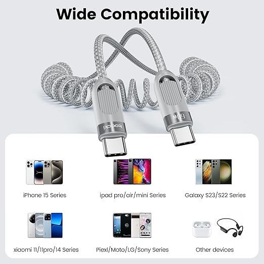 Coiled USB C to USB C Cable 2Pack 3FT Braided Retractable Fast Charging Cable for Car, Compatible with iPhone 16/15 Pro Max/Galaxy S24/S23/S22, Supports Car Play & Android Auto-Grey